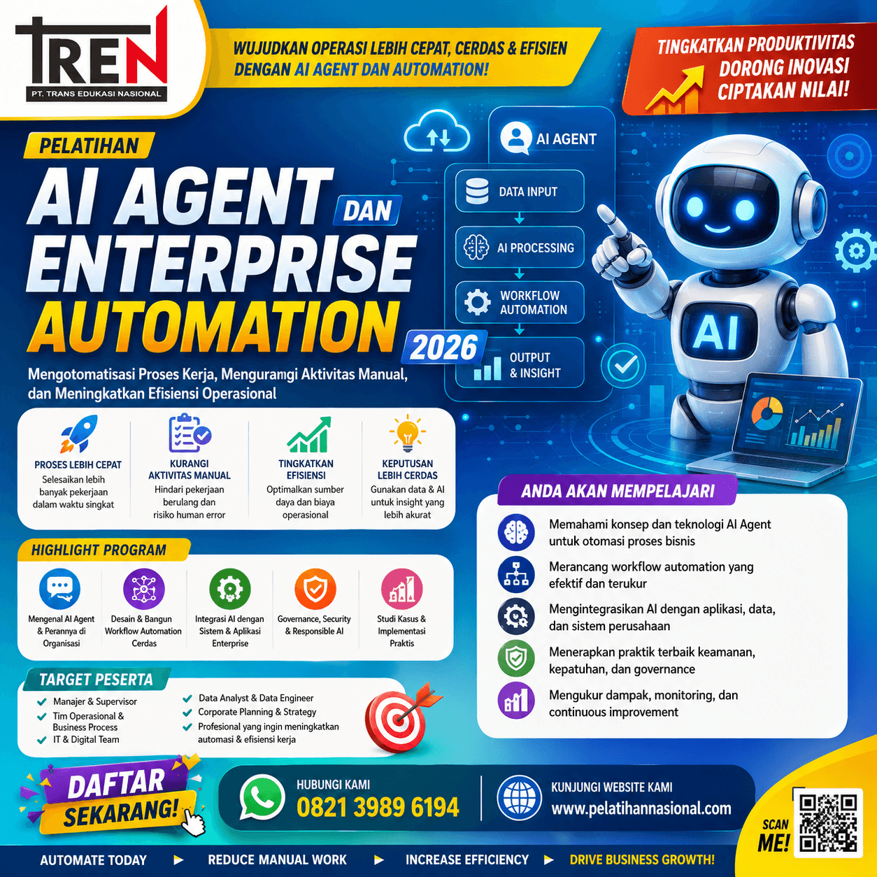 Pelatihan AI Agent dan Enterprise Automation 2026: Mengotomatisasi Proses Kerja, Mengurangi Aktivitas Manual, dan Meningkatkan Efisiensi Operasional