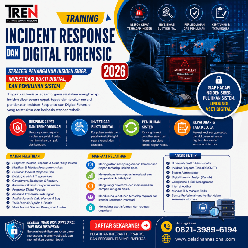 Training Incident Response dan Digital Forensic 2026: Strategi Penanganan Insiden Siber, Investigasi Bukti Digital, dan Pemulihan Sistem