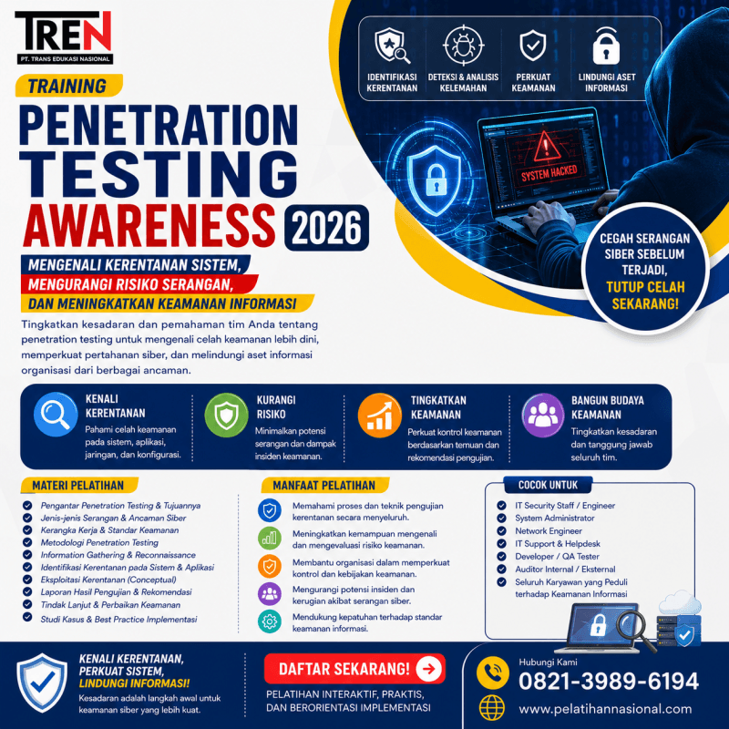 Training Penetration Testing Awareness 2026: Mengenali Kerentanan Sistem, Mengurangi Risiko Serangan, dan Meningkatkan Keamanan Informasi