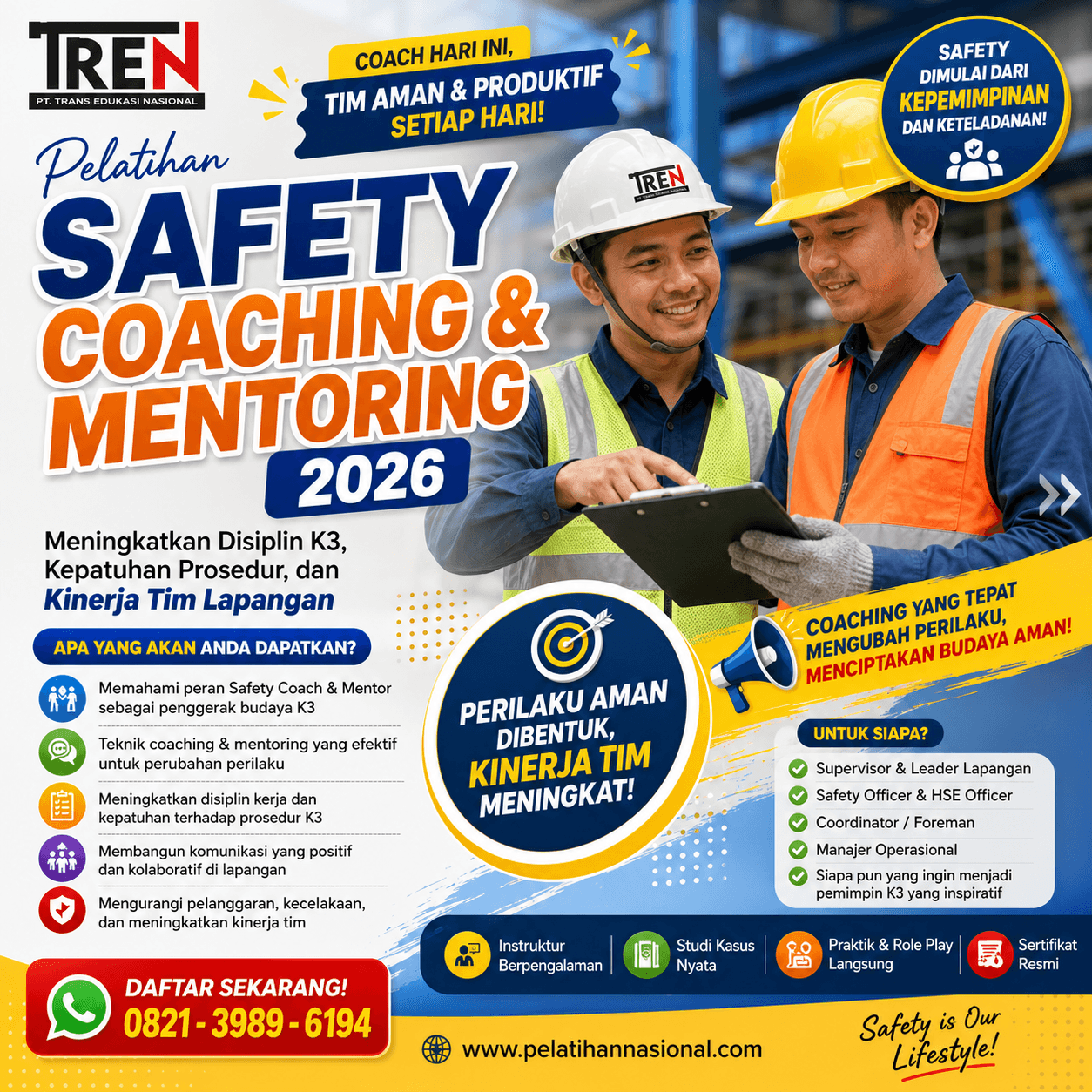 Pelatihan Safety Coaching dan Mentoring 2026: Meningkatkan Disiplin K3, Kepatuhan Prosedur, dan Kinerja Tim Lapangan