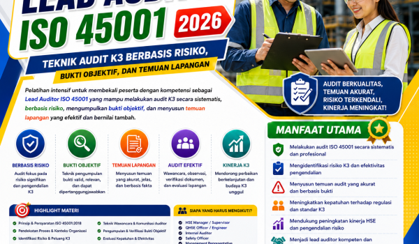 Pelatihan Lead Auditor ISO 45001 2026: Teknik Audit K3 Berbasis Risiko, Bukti Objektif, dan Temuan Lapangan