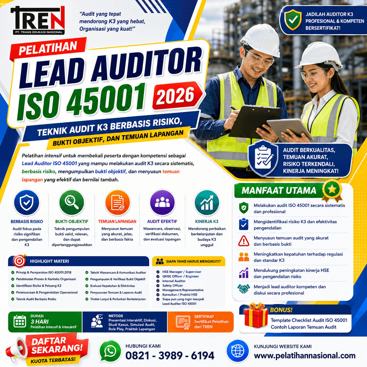 Pelatihan Lead Auditor ISO 45001 2026: Teknik Audit K3 Berbasis Risiko, Bukti Objektif, dan Temuan Lapangan