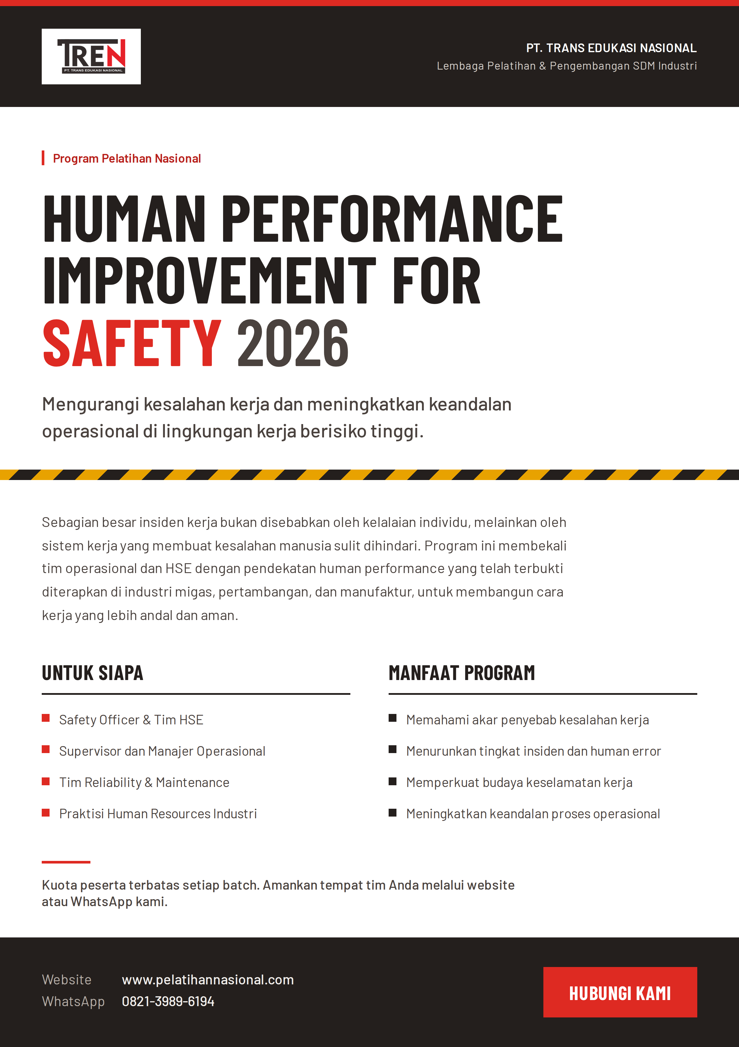 Pelatihan Human Performance Improvement for Safety 2026: Mengurangi Kesalahan Kerja dan Meningkatkan Keandalan Operasional