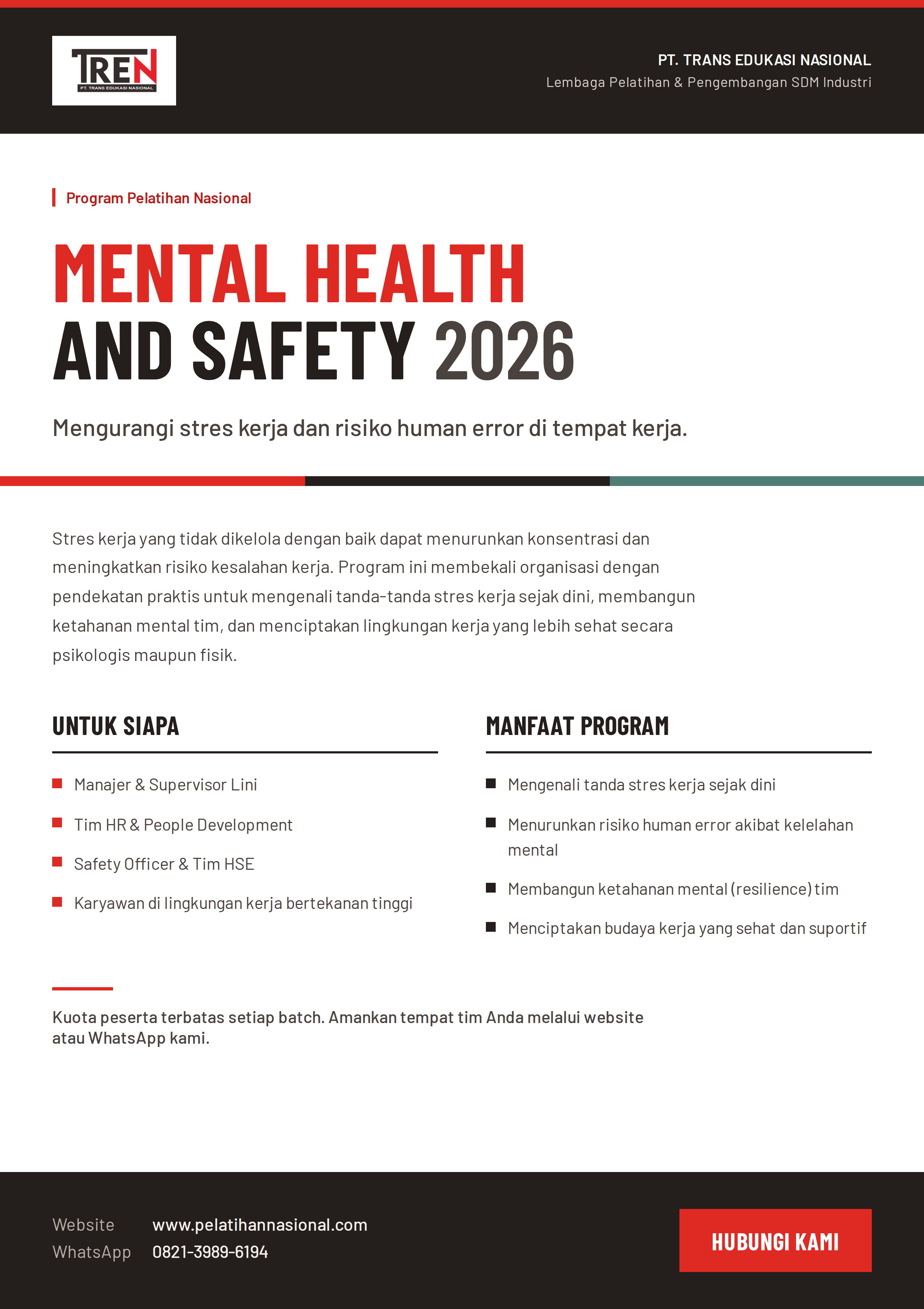 Pelatihan Mental Health and Safety 2026: Mengurangi Stres Kerja dan Risiko Human Error di Tempat Kerja