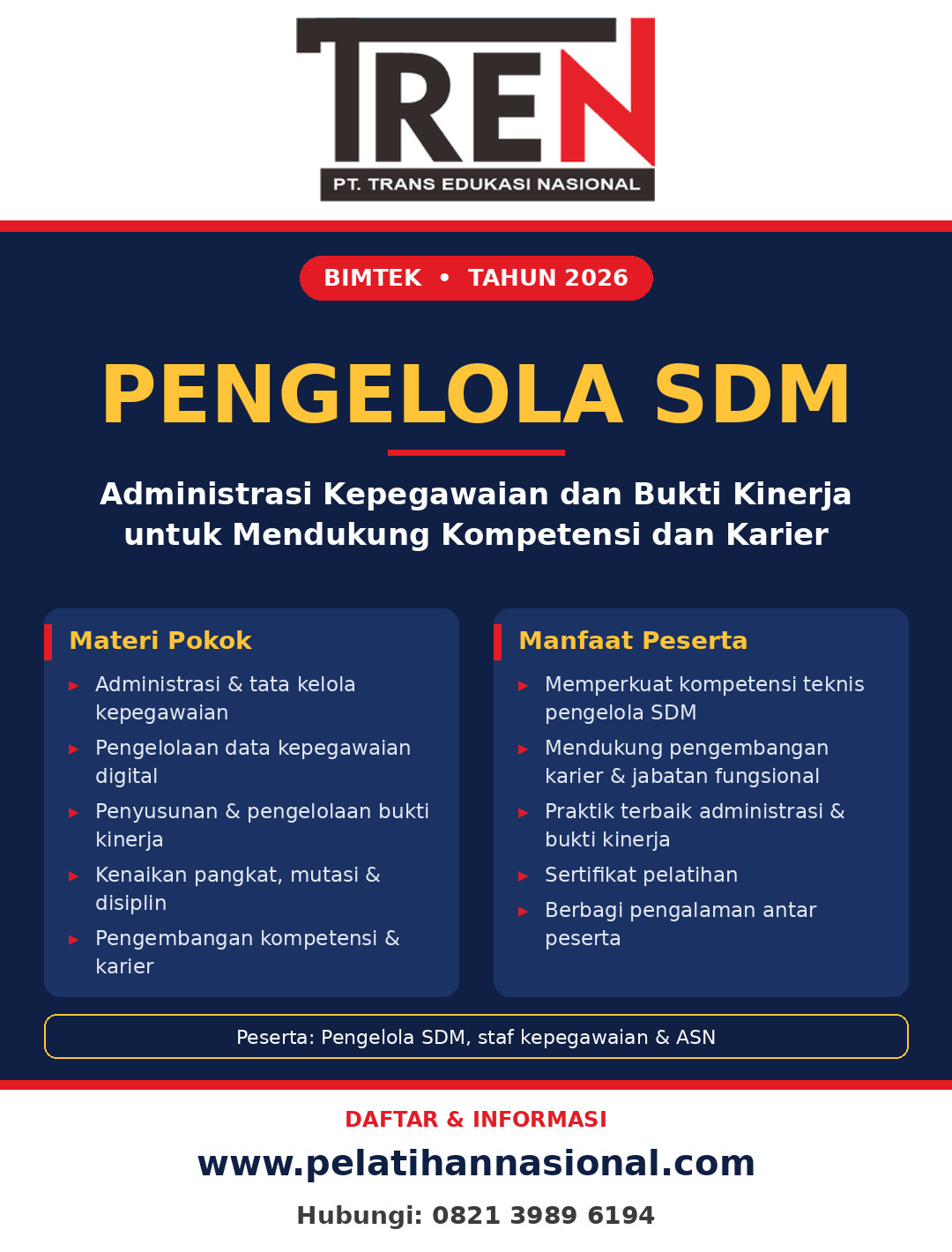 Bimtek Pengelola SDM 2026: Administrasi Kepegawaian dan Bukti Kinerja untuk Mendukung Kompetensi dan Karier