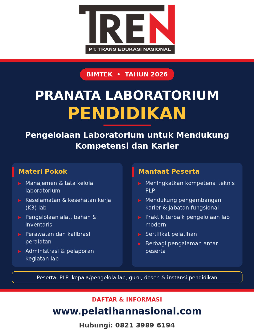 Bimtek Pranata Laboratorium Pendidikan 2026: Pengelolaan Laboratorium untuk Mendukung Kompetensi dan Karier