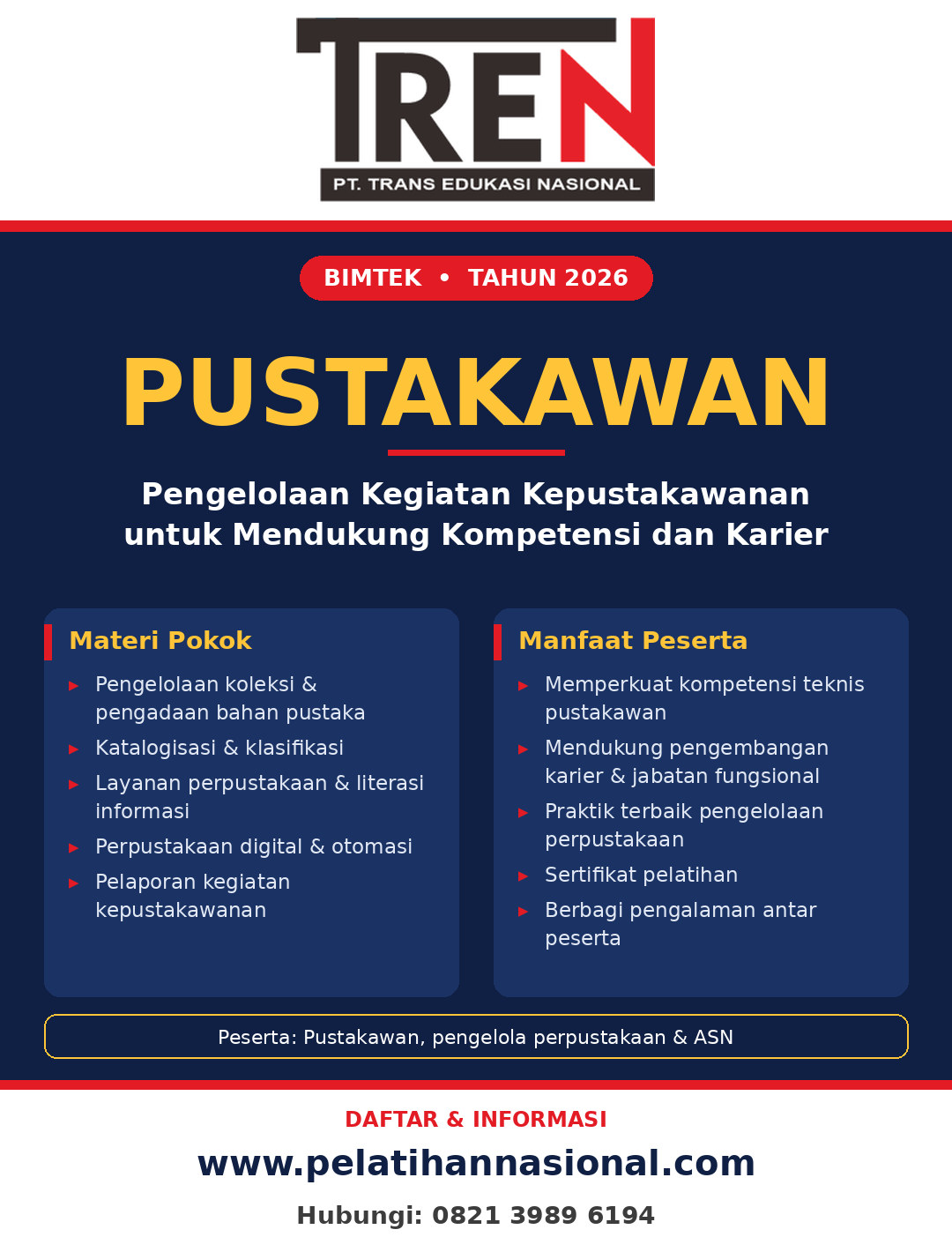 Bimtek Pustakawan 2026: Pengelolaan Kegiatan Kepustakawanan untuk Mendukung Kompetensi dan Karier