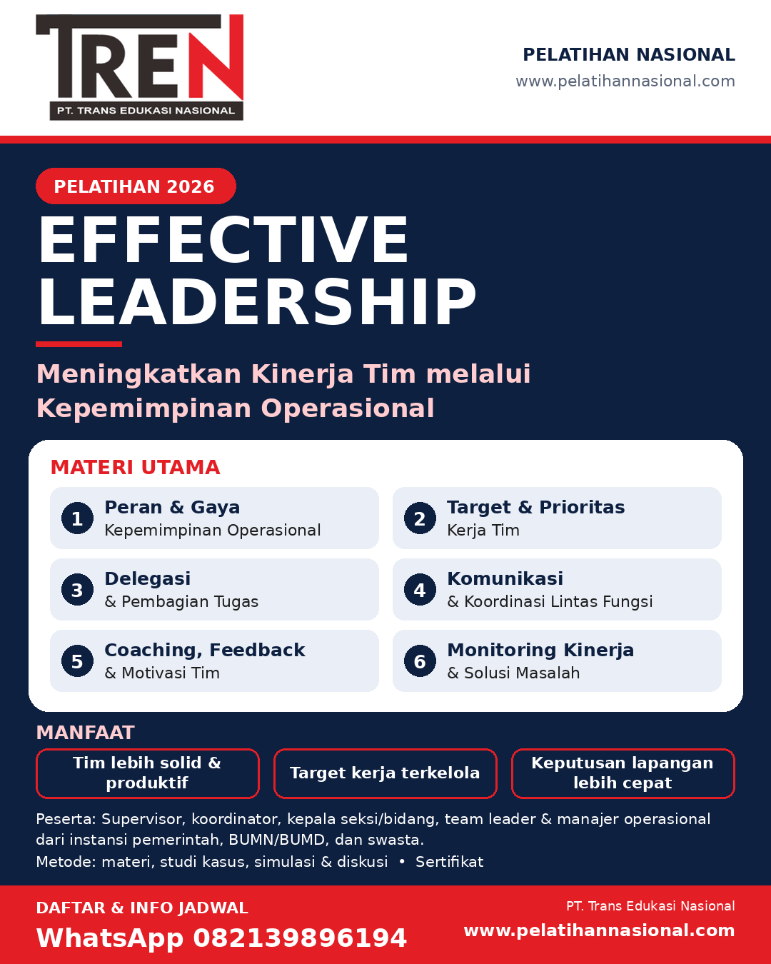 Pelatihan Effective Leadership 2026: Meningkatkan Kinerja Tim melalui Kepemimpinan Operasional