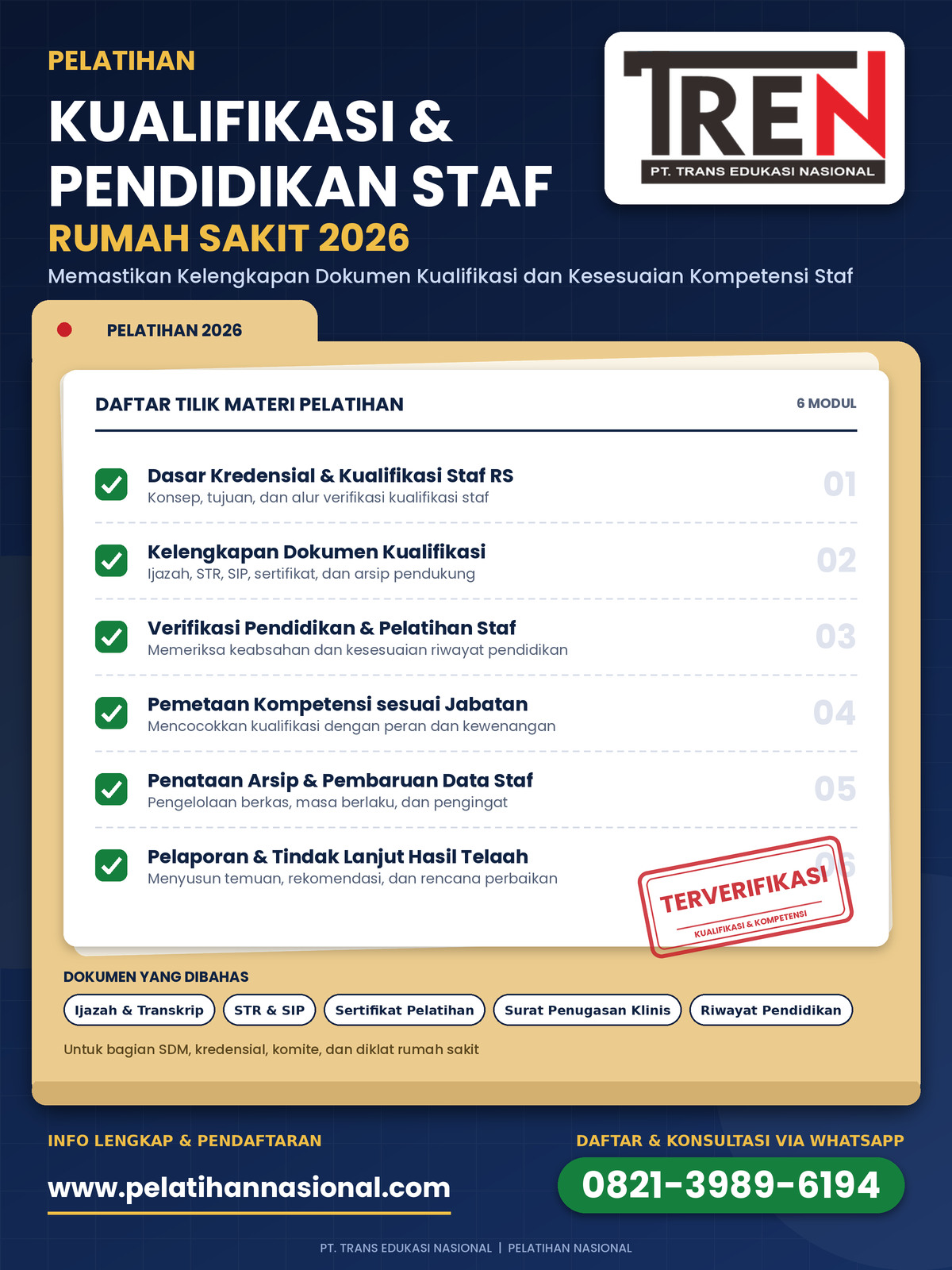 Pelatihan Kualifikasi dan Pendidikan Staf Rumah Sakit 2026: Memastikan Kelengkapan Dokumen Kualifikasi dan Kesesuaian Kompetensi Staf