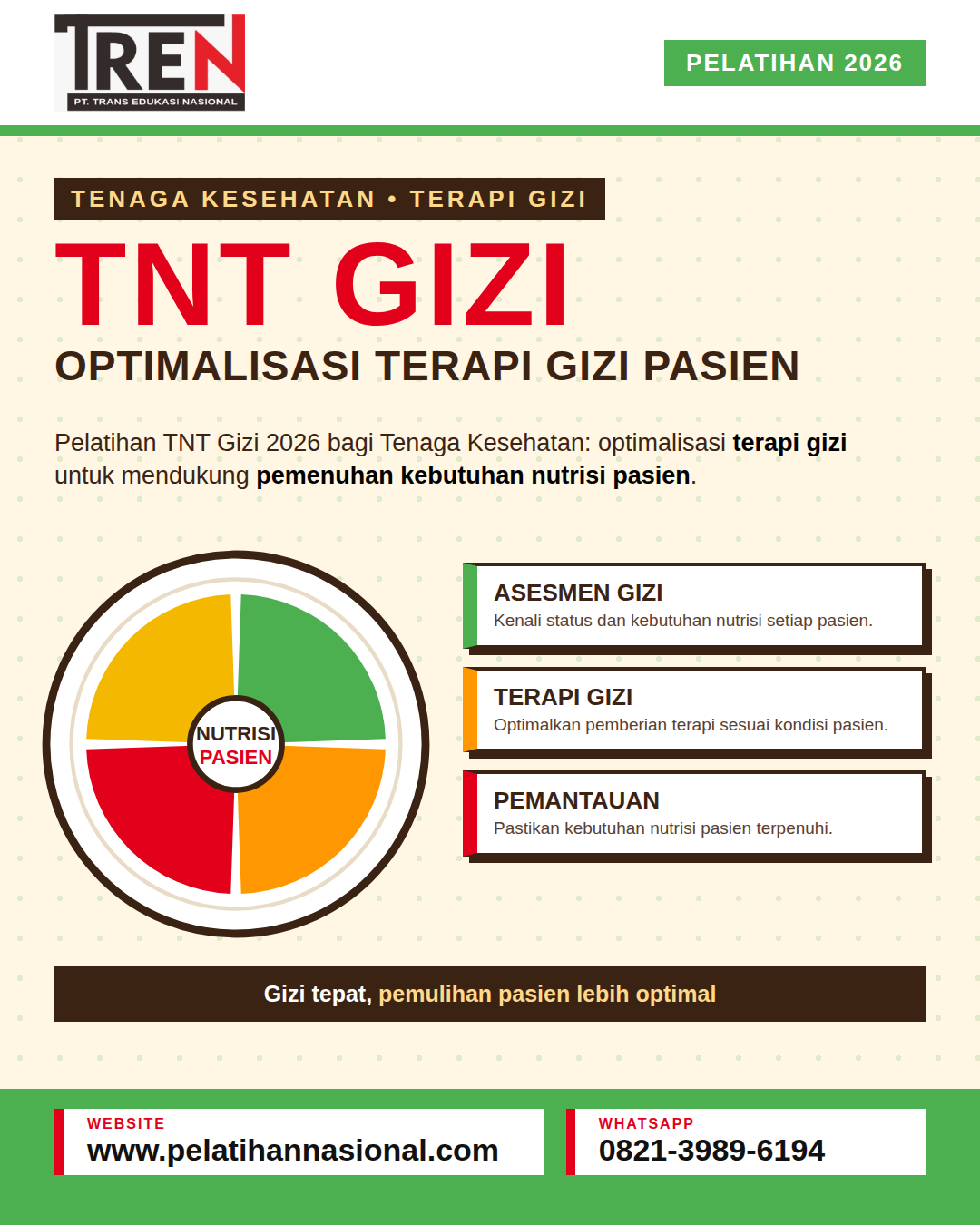 Pelatihan TNT Gizi 2026 bagi Tenaga Kesehatan: Optimalisasi Terapi Gizi untuk Mendukung Pemenuhan Kebutuhan Nutrisi Pasien