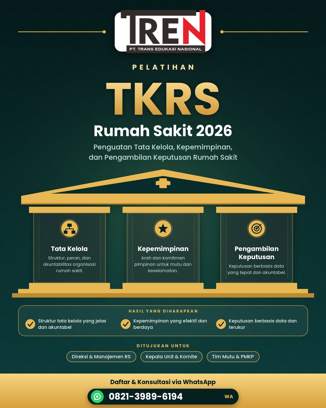 Pelatihan TKRS Rumah Sakit 2026: Penguatan Tata Kelola, Kepemimpinan, dan Pengambilan Keputusan Rumah Sakit