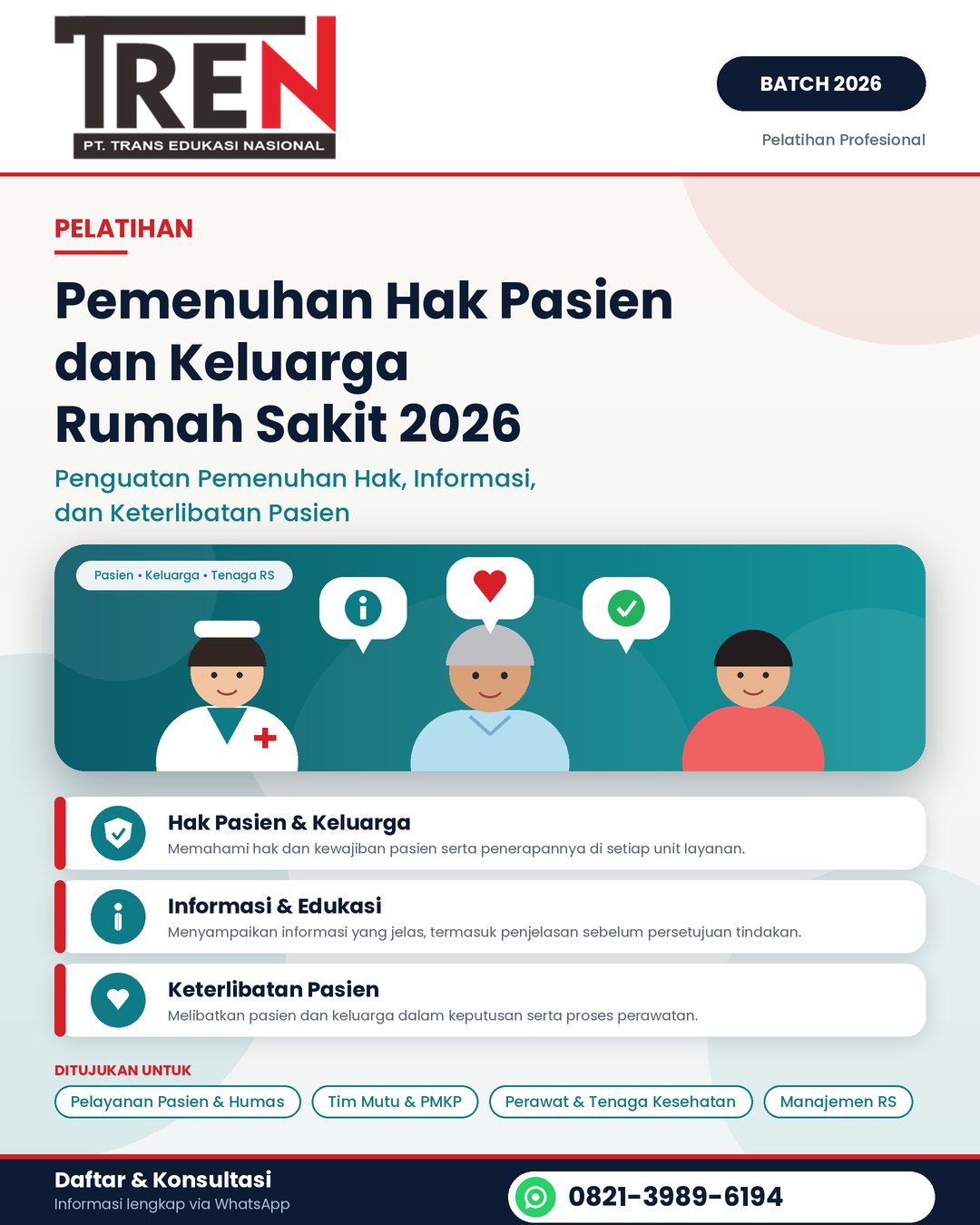 Pelatihan Pemenuhan Hak Pasien dan Keluarga Rumah Sakit 2026: Penguatan Pemenuhan Hak, Informasi, dan Keterlibatan Pasien